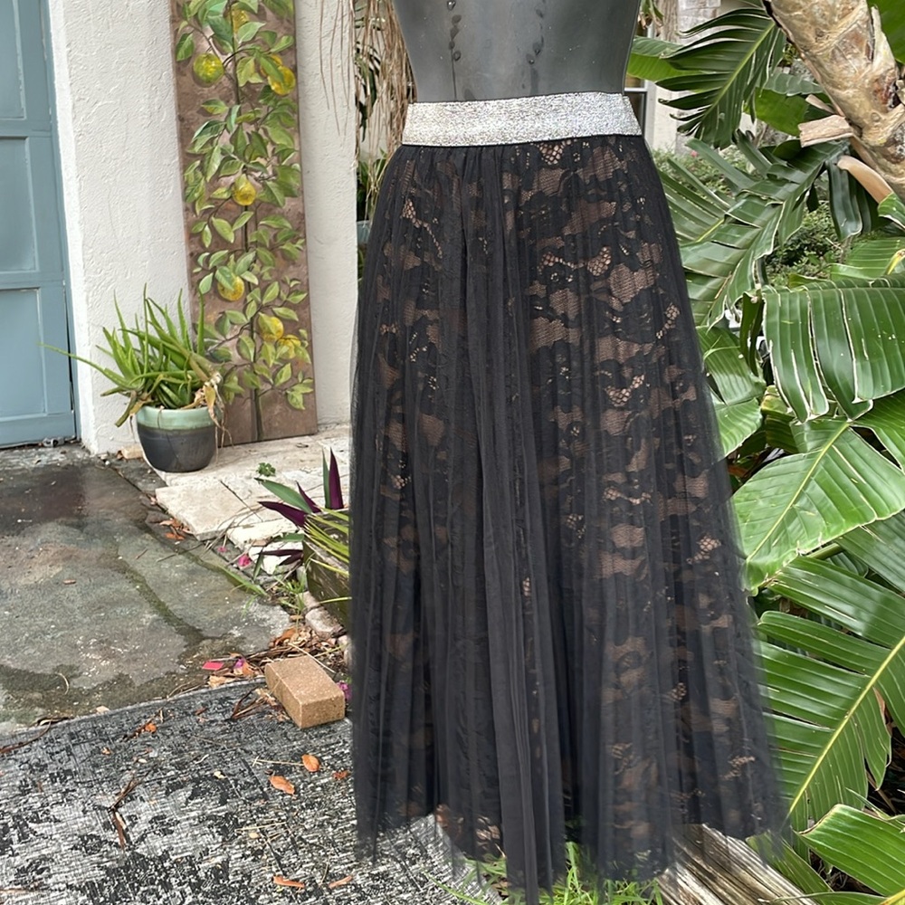 Gracia sheer mesh and lace pleated skirt with metallic silver